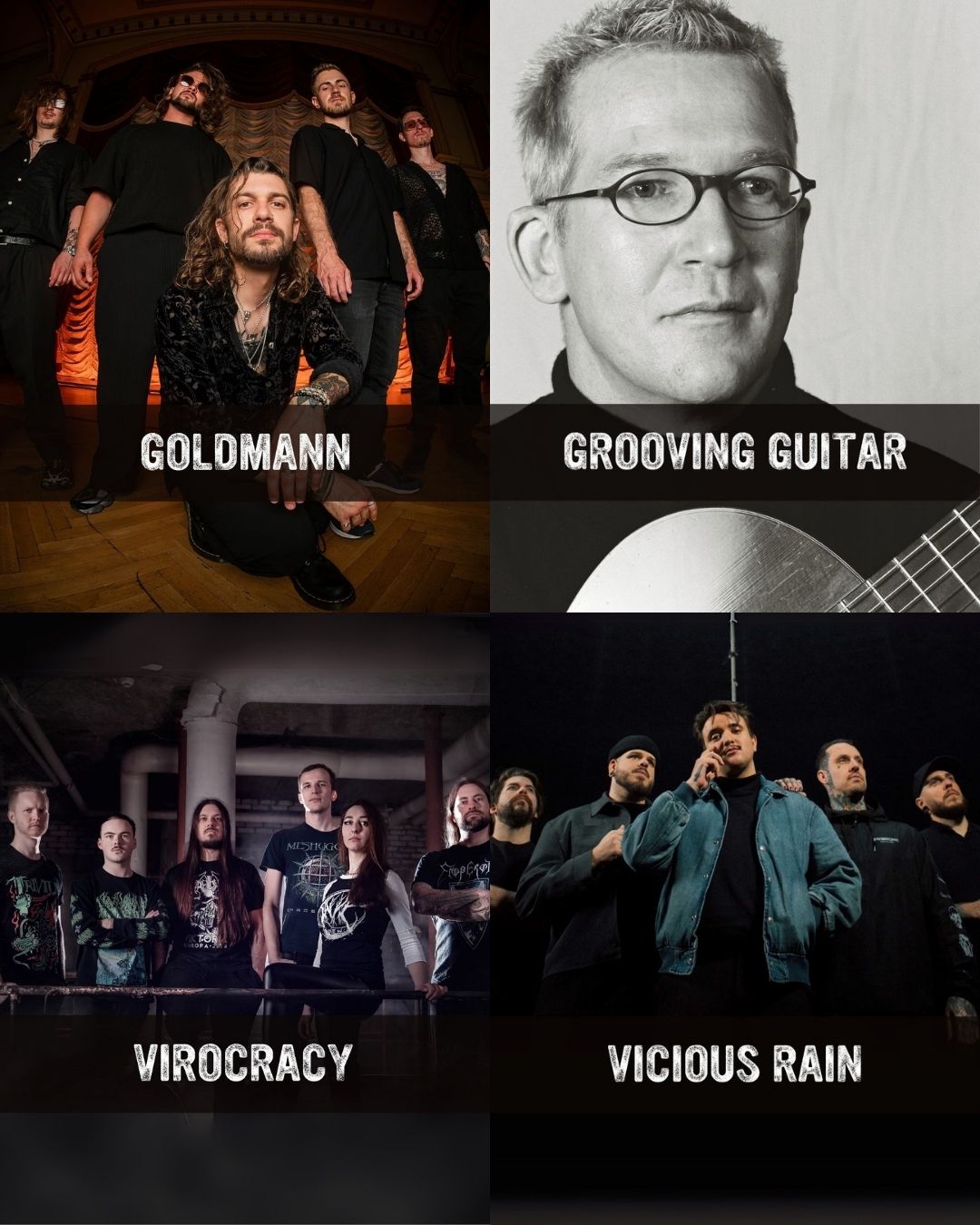 Veröffentlichungsposting der Bands Virocracy, Vicious Rain, Grooving Guitar und Goldmann mit Bandnamen im Bild